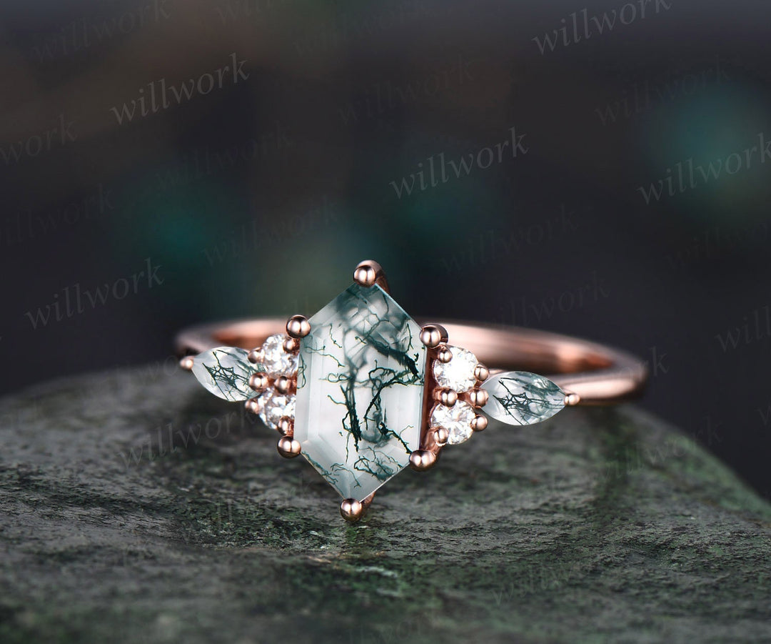 Vintage hexagon cut green moss agate engagement ring set 14k rose gold art deco diamond ring women emerald unique bridal wedding ring set