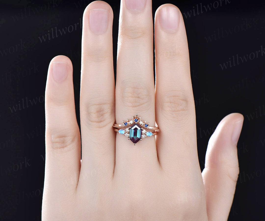 Vintage hexagon cut Alexandrite engagement ring set art deco rose gold moonstone ring women sapphire diamond promise anniversary ring set