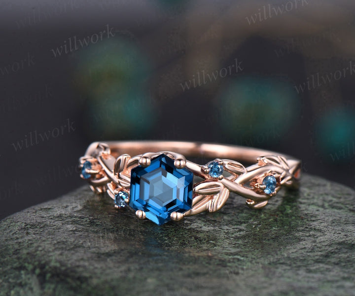 Twig hexagon cut London blue topaz engagement ring 14k white gold leaf topaz ring December birthstone ring anniversary ring for women gift