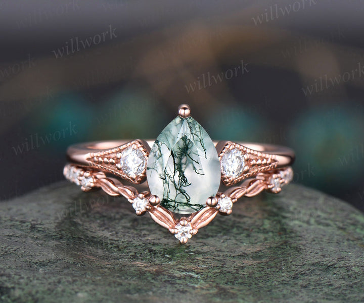 Vintage pear shaped green moss agate engagement ring set leaf art deco diamond ring set three stone Milgrain antqiue wedding ring set women