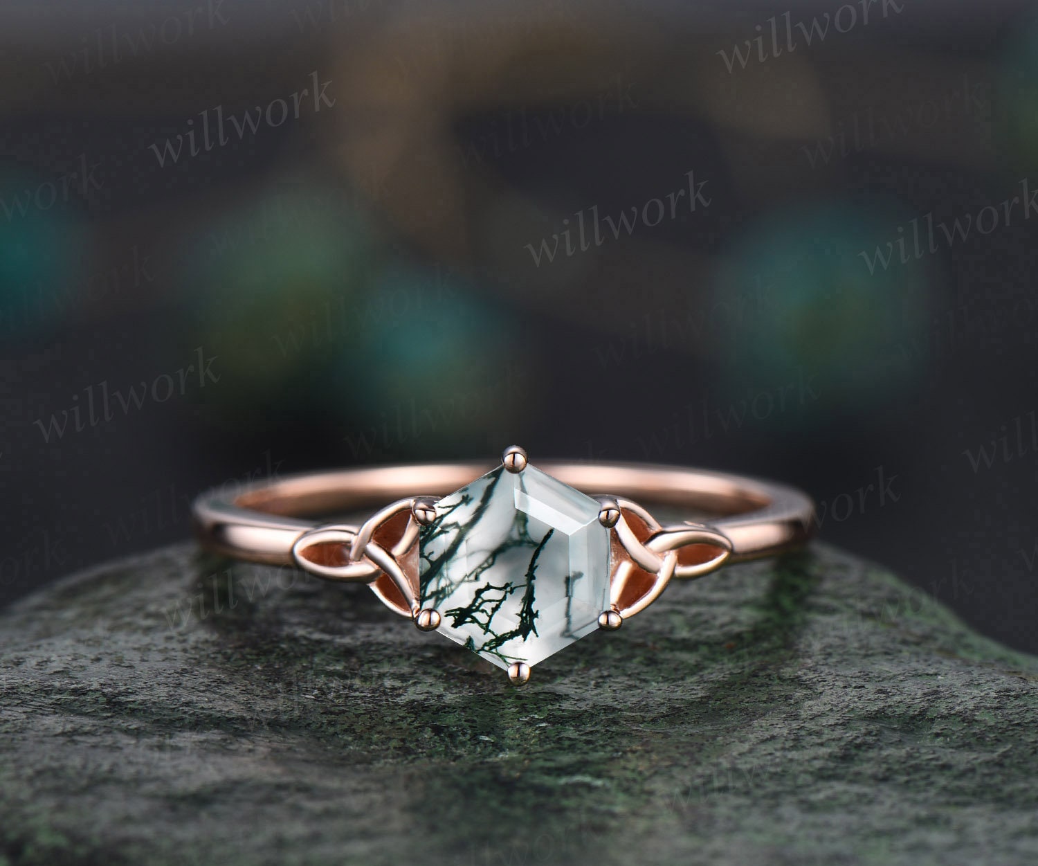 Unique celtic knot hexagon cut green moss agate engagement ring