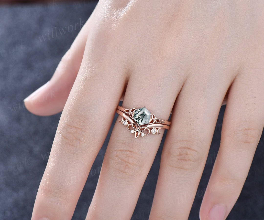 Unique hexagon cut green moss agate engagement ring set 14k rose gold solitaire Norse Viking ring Jewelry vintage wedding ring set for women