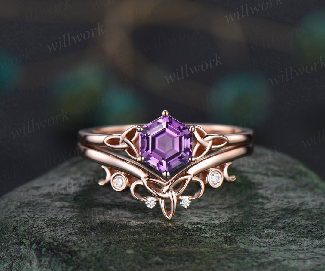 Unique hexagon cut purple Amethyst engagement ring set 14k rose gold solitaire Norse Viking ring Jewelry vintage wedding ring set for women