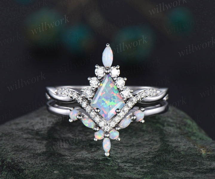Kite cut white opal engagement ring set art deco 14k white gold halo marquise cut opal ring set twisted moissanite bridal ring set for women