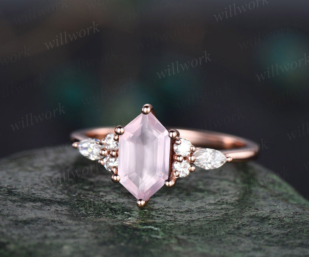 Long hexagon cut rose quartz ring rose gold unique engagement ring set dainty crystal ring vintage diamond ring unique wedding ring women