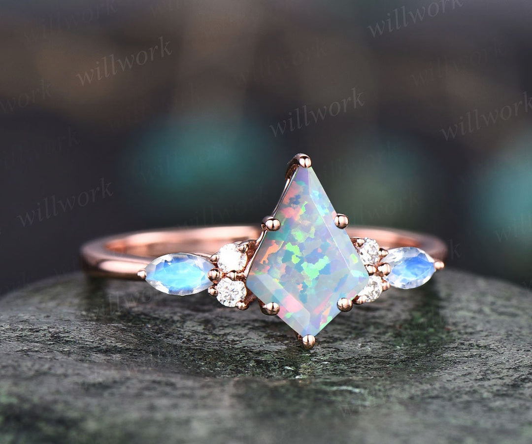 Vintage kite cut white opal engagement ring set 14k rose gold marquise cut opal moonstone ring women moissanite anniversary ring set gift