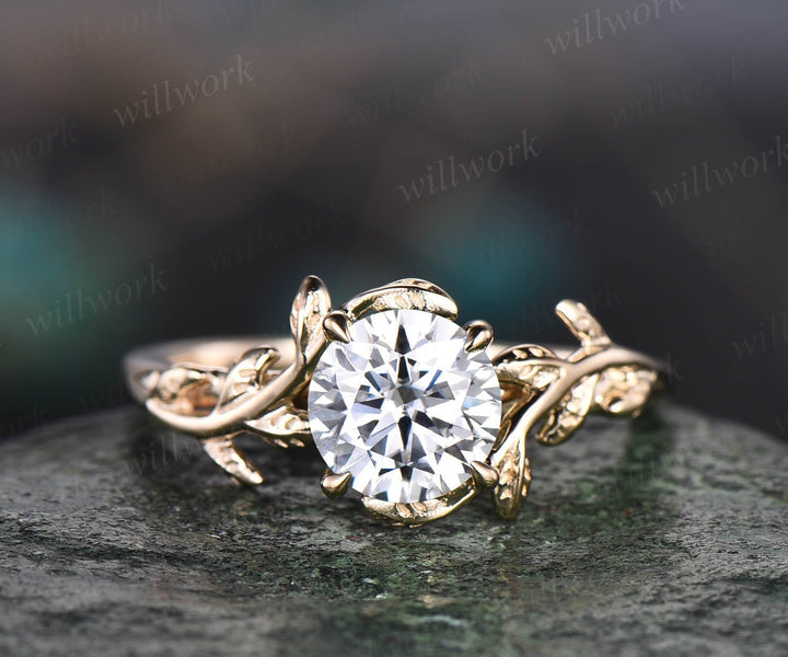 Vintage 1ct round cut Lab grown diamond engagement ring 14k yellow gold leaf five stone diamond anniversary promise wedding ring women gift