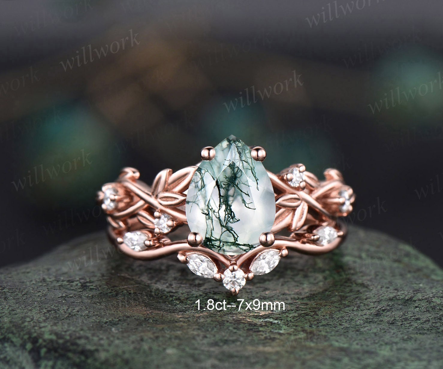 Twig pear shaped moss agate engagement ring set rose gold five stone l ...