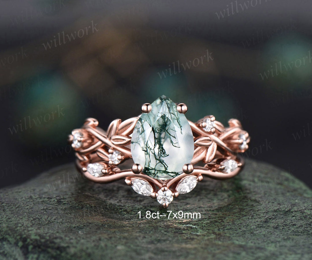Moss Agate Ring Vine Solitiare Engagement Ring Silver | Luo, 14K Rose Gold