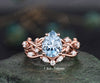 Twig pear shaped Aquamarine engagement ring set rose gold five stone leaf branch Nature inspired ring diamond wedding ring set women jewelry