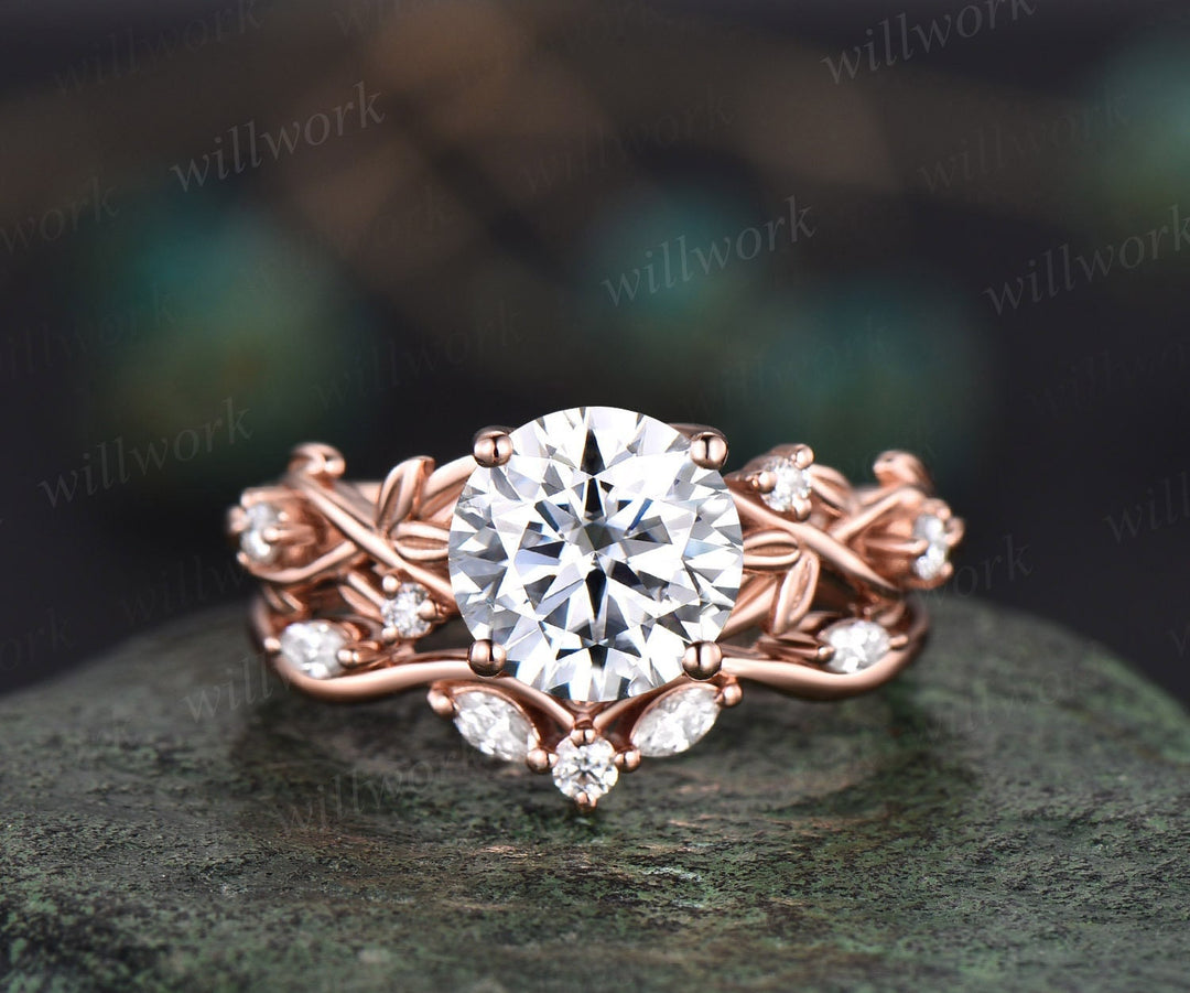 2ct Twig round cut Moissanite engagement ring set 14k rose gold five stone leaf branch Nature inspired diamond wedding ring set for women