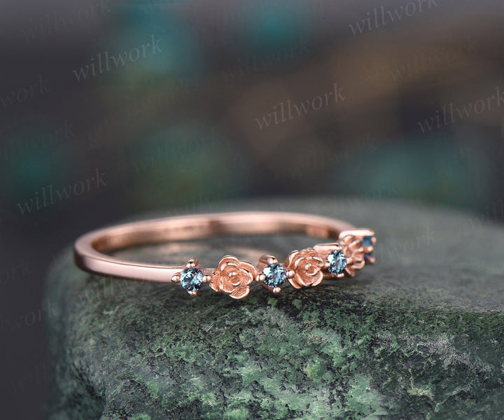 Dainty flower Alexandrite wedding band solid 14k rose gold stacking unique vintage wedding ring band for women anniversary ring gift