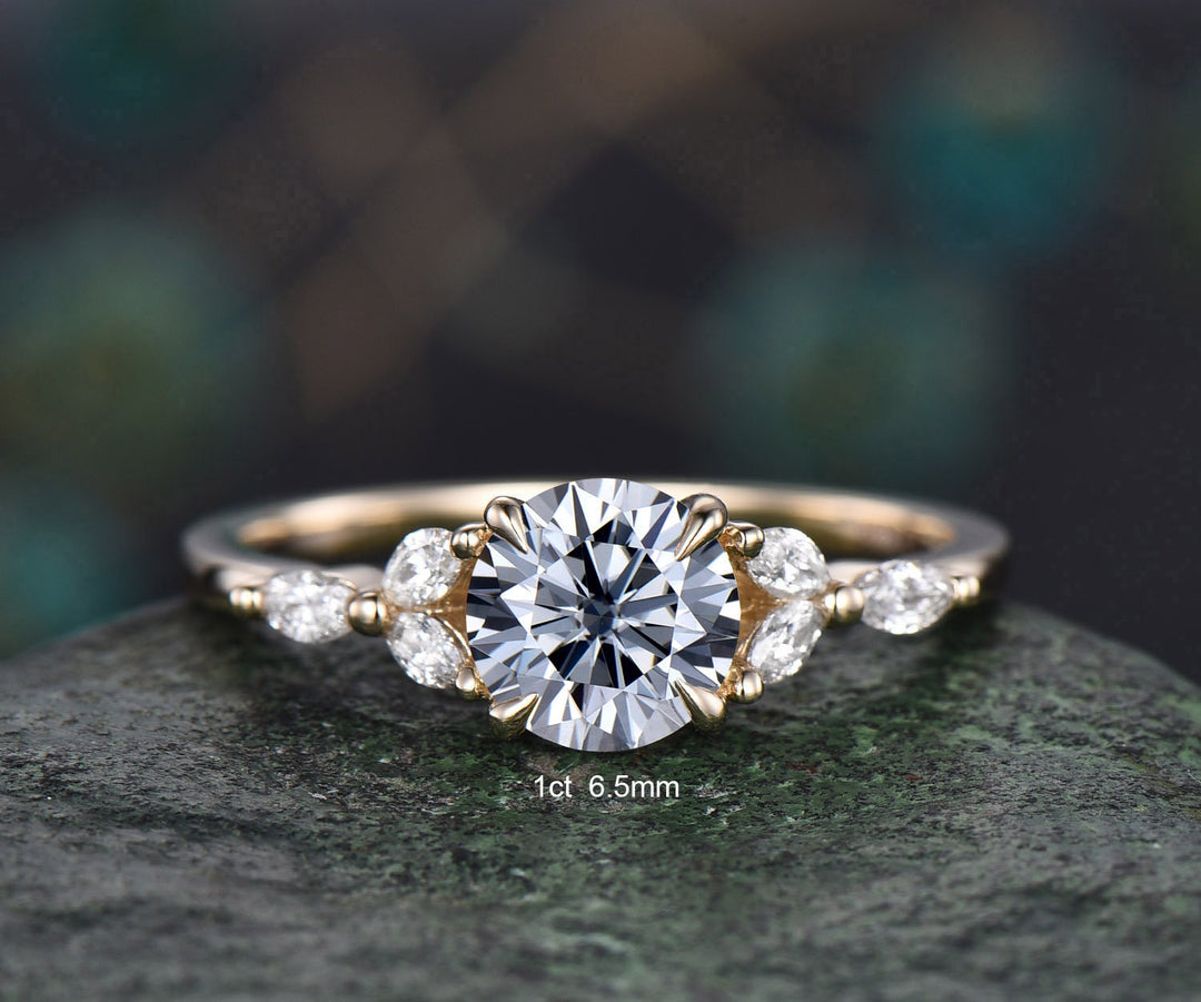 1ct round gray moissanite engagement ring yellow gold dainty cluster marquise cut diamond ring women unique promise anniversary ring gifts