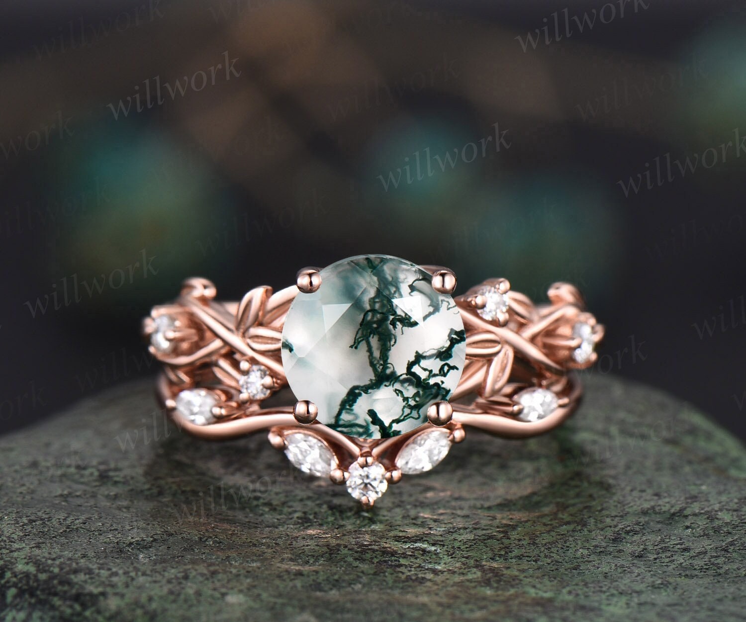 Rose Gold Natural Green Moss high quality Agate Engagement Ring Diamond Wedding Milgrain Band Women Anniversary Promise Ring Unique Moss Agate Jewelry