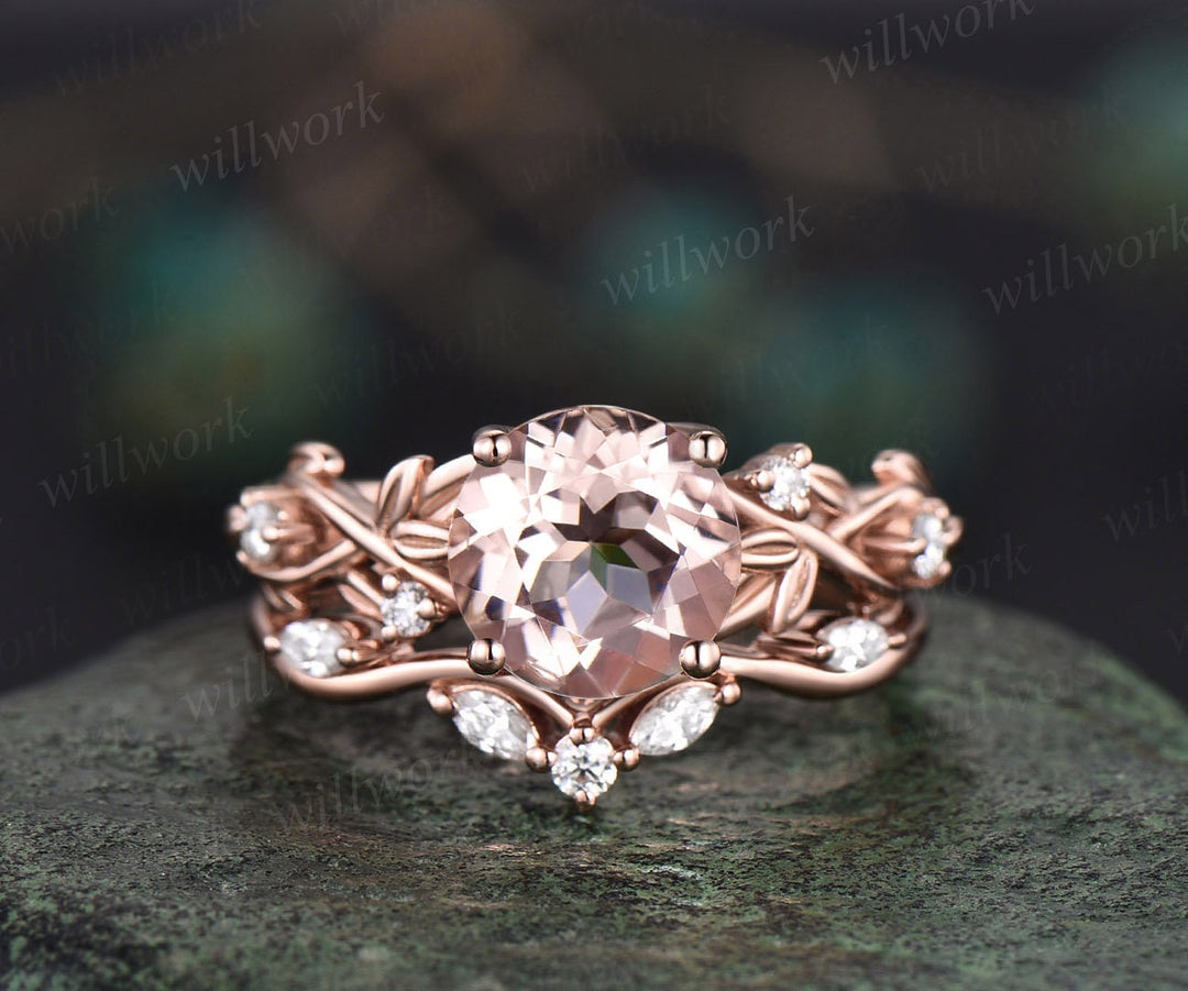 2ct Twig round cut morganite engagement ring 14k rose gold art deco five stone leaf branch Nature inspired diamond wedding ring for women
