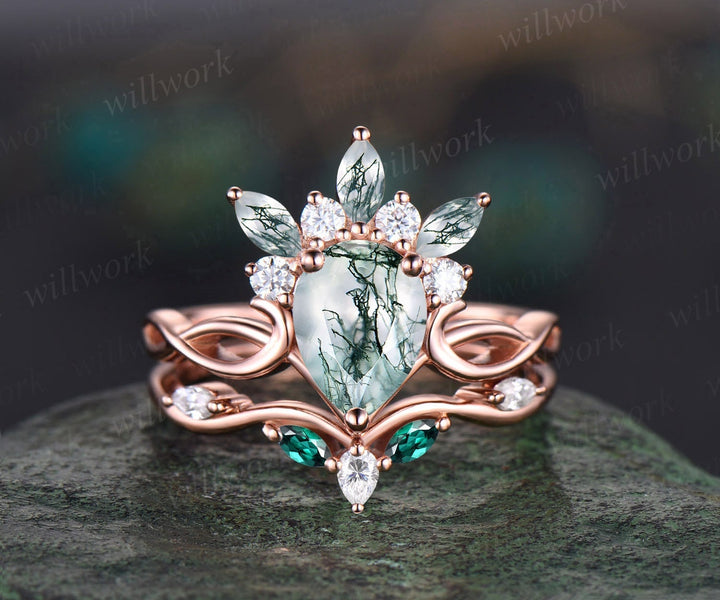 Vintage pear shaped green moss agate engagement ring set art deco crown cluster moissanite rose gold ring unique anniversary ring women gift