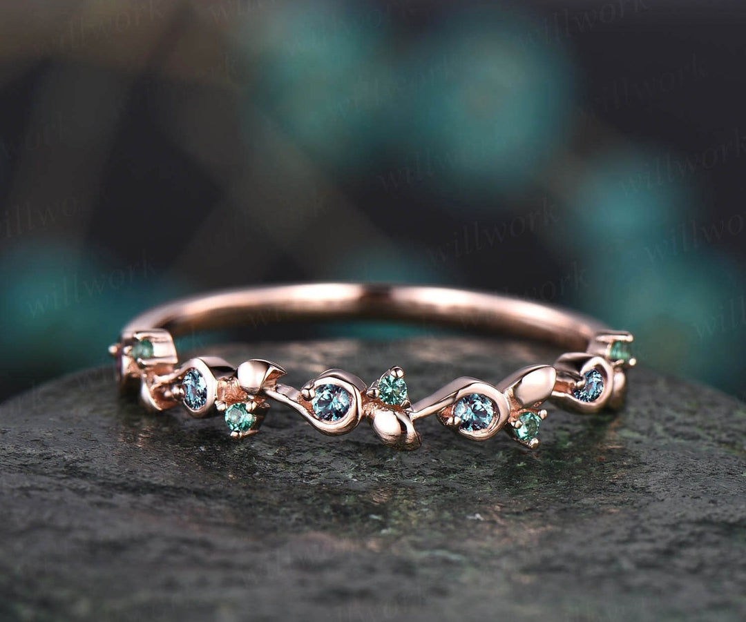 Unique natural emerald alexandrite wedding band leaf 14k rose gold stacking vintage dainty wedding ring band women anniversary ring gift