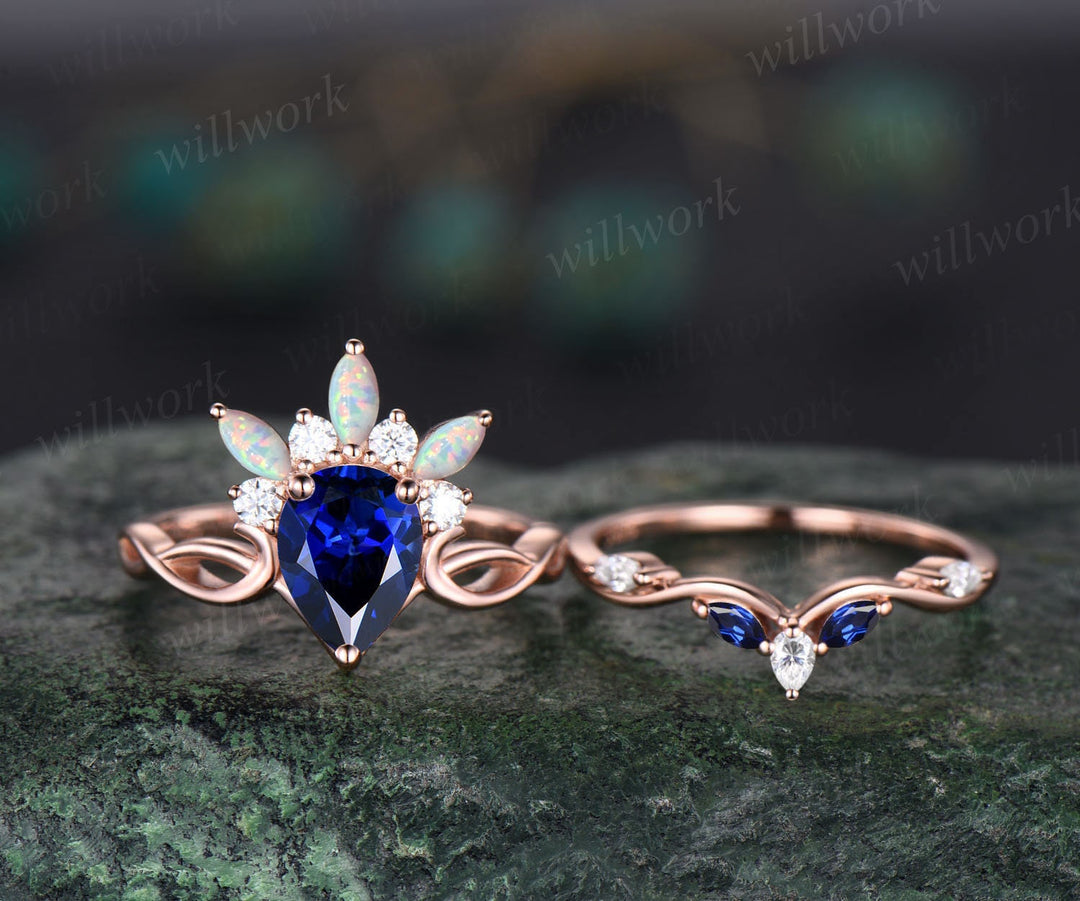 Vintage pear shaped blue sapphire engagement ring set art deco rose gold ring crown cluster opal ring women unique moissanite wedding ring