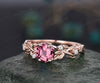 Twig hexagon cut Pink Tourmaline engagement ring women 14k white gold leaf branch nature inspired diamond ring unique wedding ring jewelry