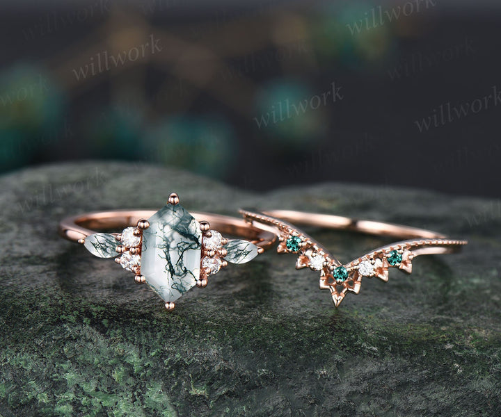 Vintage hexagon cut green moss agate engagement ring set 14k rose gold art deco diamond ring women emerald unique bridal wedding ring set