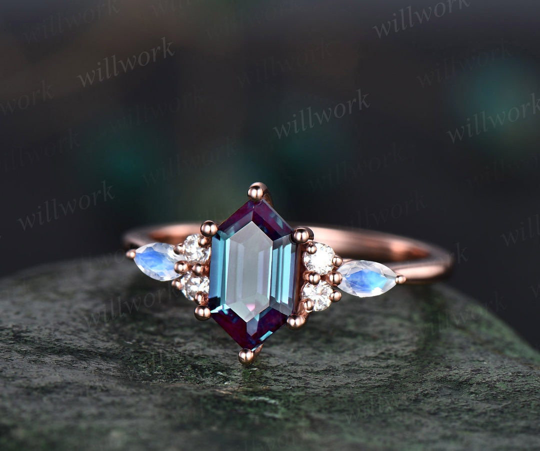 Vintage hexagon cut Alexandrite engagement ring set art deco rose gold moonstone ring women sapphire diamond promise anniversary ring set