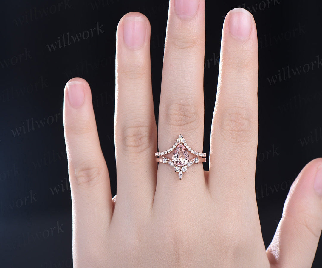 Morganite ring vintage pear shaped Pink Morganite engagement ring set 14k rose gold V shaped art deco diamond promise wedding ring set women
