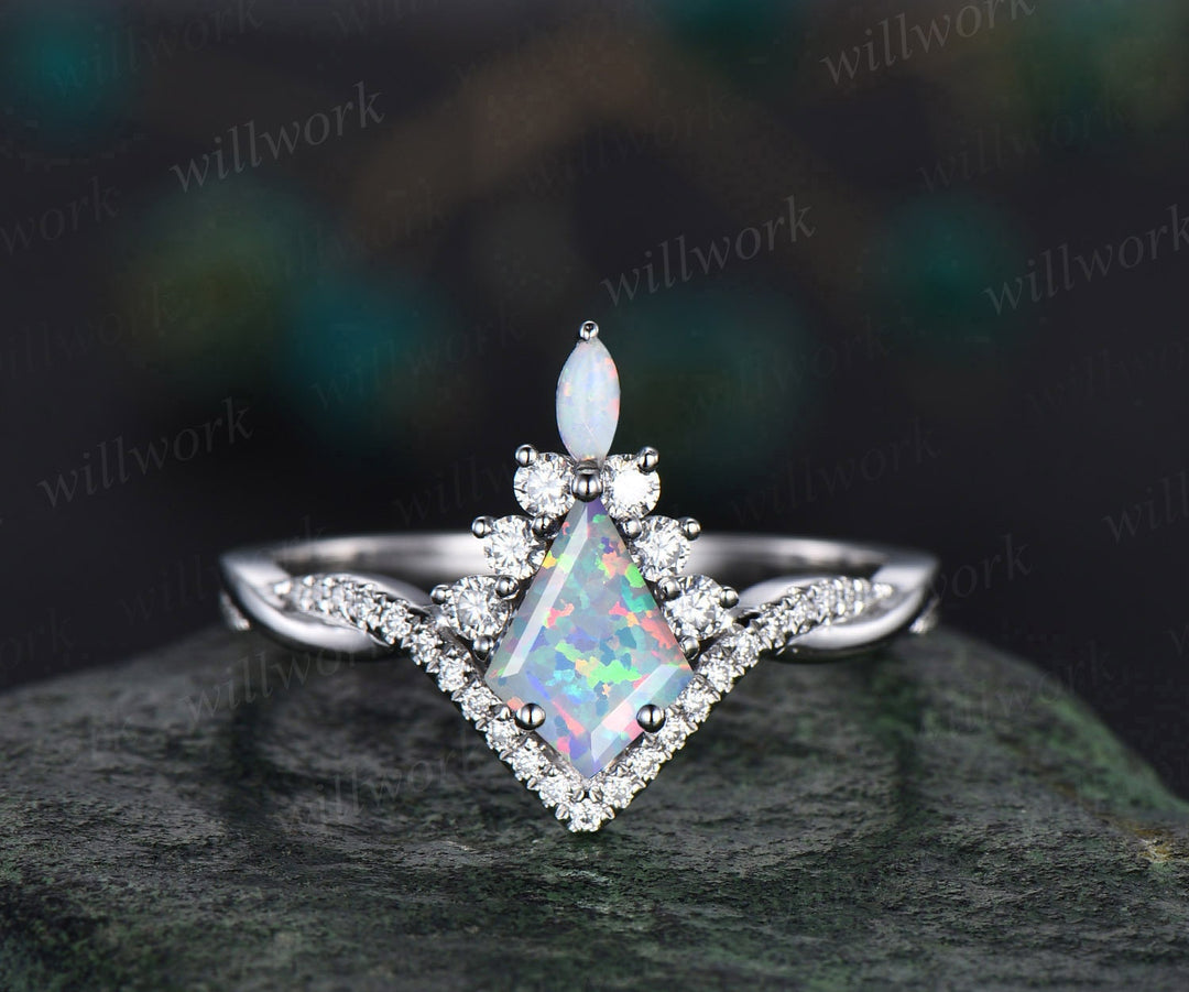 Kite cut white opal engagement ring set art deco 14k white gold halo marquise cut opal ring set twisted moissanite bridal ring set for women