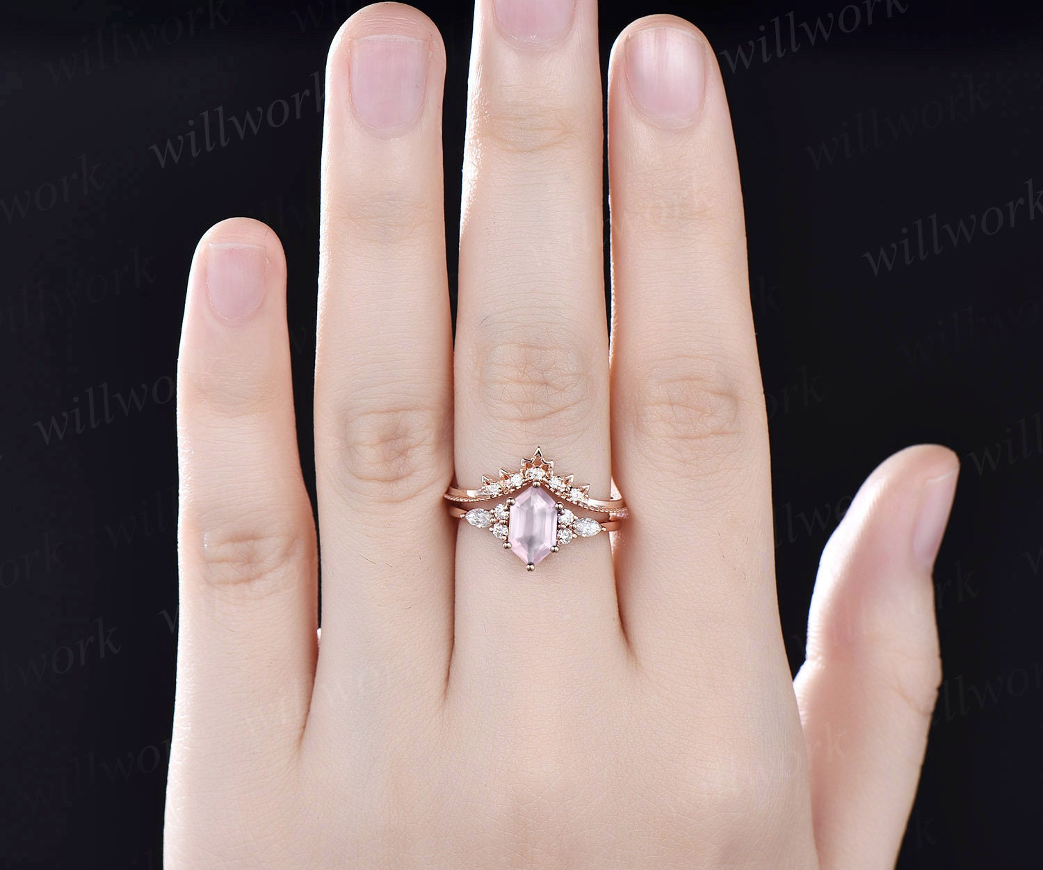 Long Hexagon Cut Rose Quartz Engagement ring Set Vintage Rose Quartz Wedding Ring Set Unique Ring Silver 2024 Women Promise Anniversary Ring Set