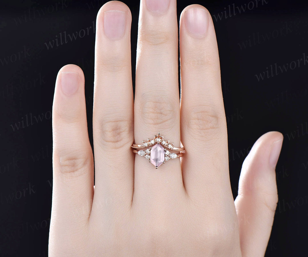 Long hexagon cut rose quartz ring rose gold unique engagement ring set dainty crystal ring vintage diamond ring unique wedding ring women