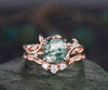 Twig cushion cut green moss agate engagement ring set leaf branch rose gold three stone diamond unique nature inspired wedding ring women