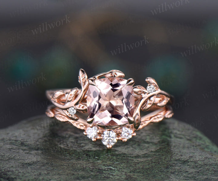 Twig cushion cut morganite engagement ring set leaf branch rose gold three stone diamond ring unique nature inspired wedding ring for women