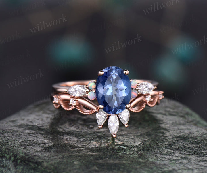 Vintage oval cut Tanzanite engagement ring solid 14k rose gold opal ring art deco antique diamond ring set women moissanite ring jewelry
