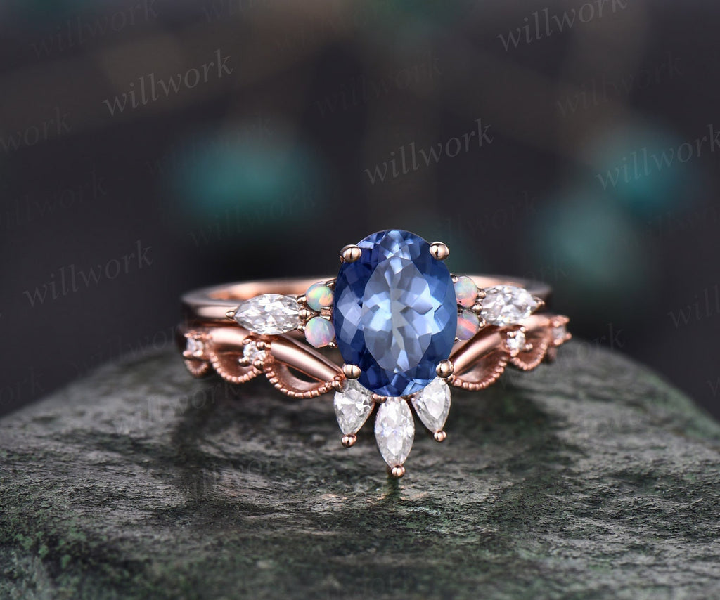 Example: Vintage oval cut Tanzanite engagement ring solid 14k rose gold opal ring art deco antique diamond ring set moissanite ring