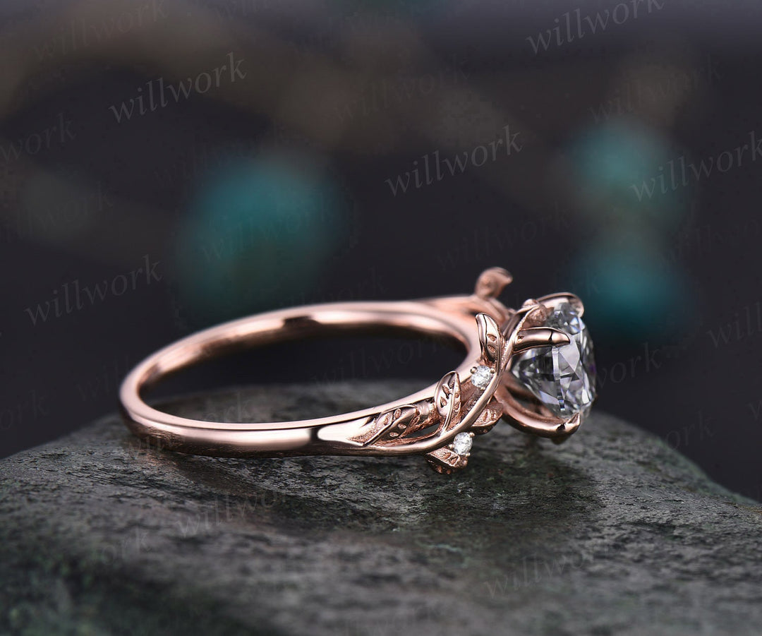 Vintage 1ct round gray moissanite engagement ring leaf 14k rose gold r –  WILLWORK JEWELRY