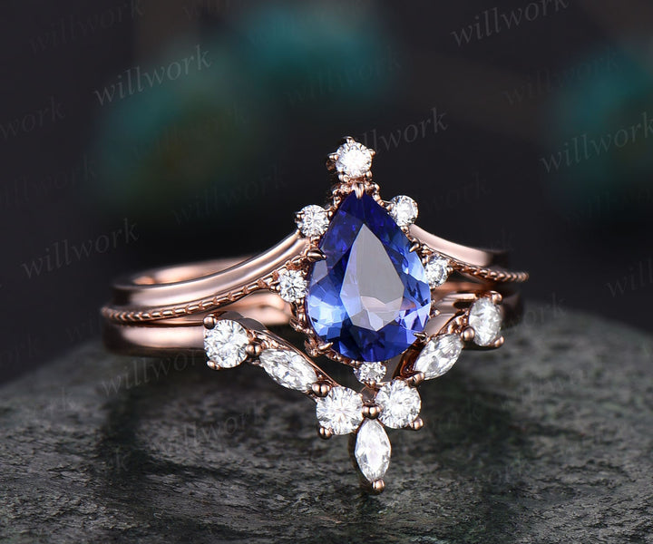Pear shaped Tanzanite ring solid 14k rose gold unique Tanzanite engagement ring diamond ring vintage moissanite bridal set