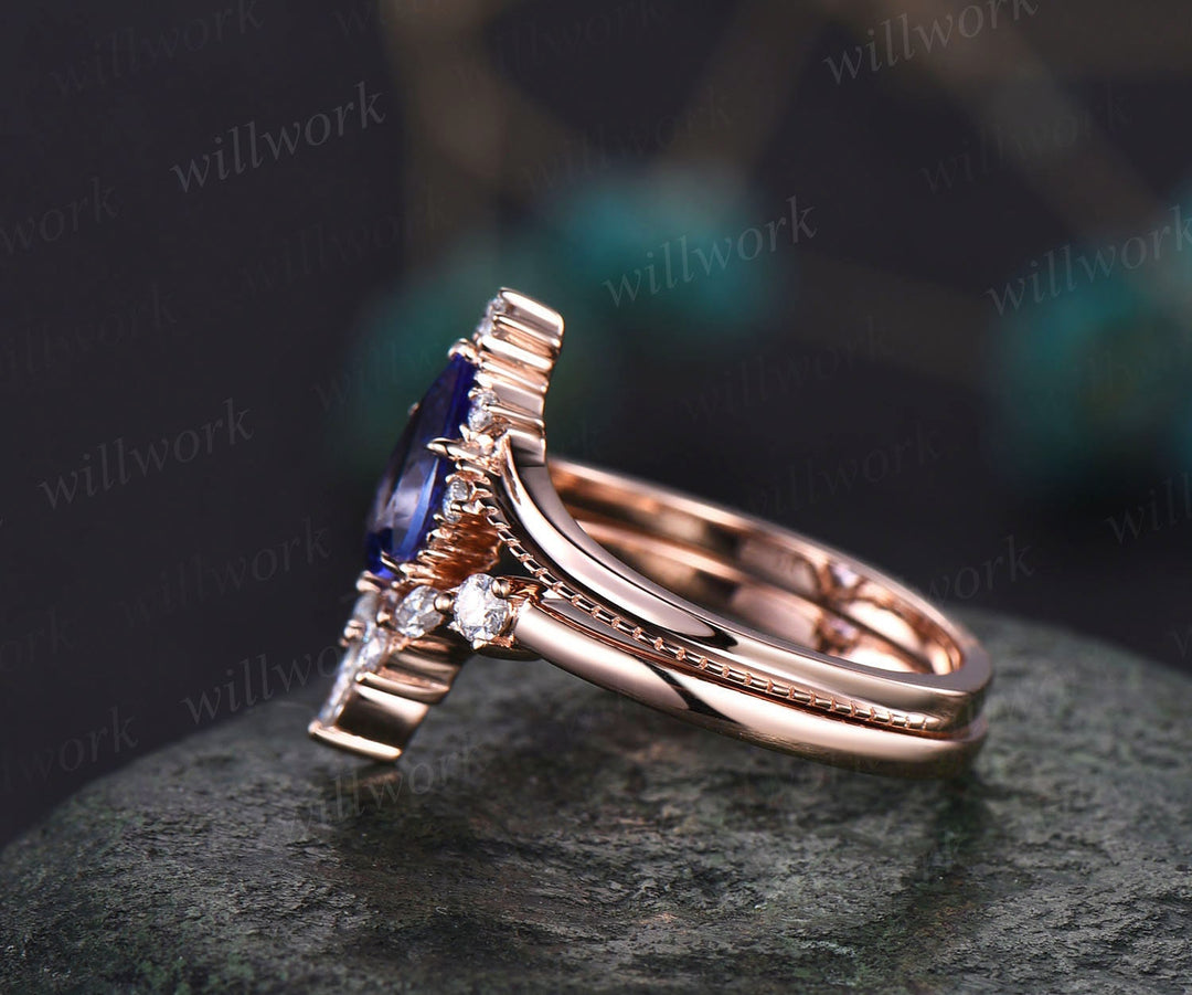 Pear shaped Tanzanite ring solid 14k rose gold unique Tanzanite engagement ring diamond ring vintage moissanite bridal set