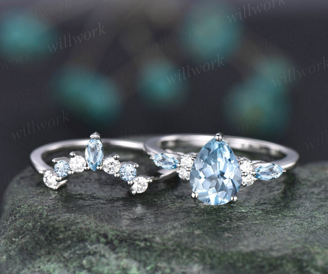 Pear shaped aquamarine engagement ring set solid 14k white gold marquise cut aquamarine ring for women moissanite ring bridal set jewelry