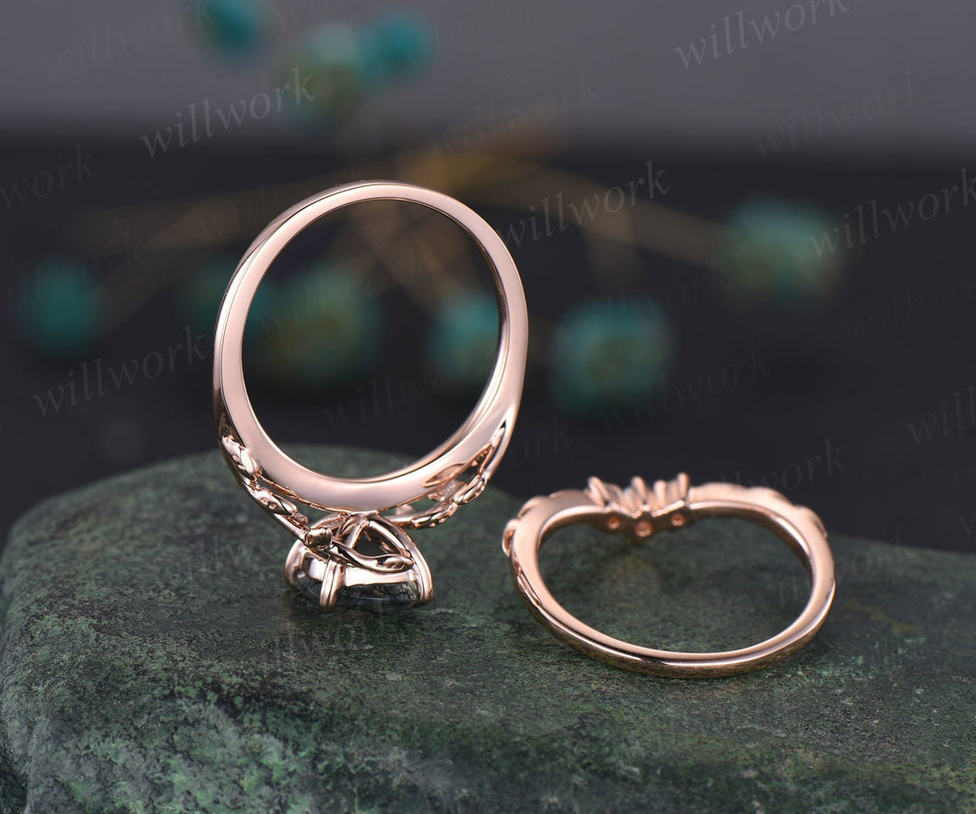 Twig cushion cut green moss agate engagement ring set leaf branch rose gold three stone diamond unique nature inspired wedding ring women