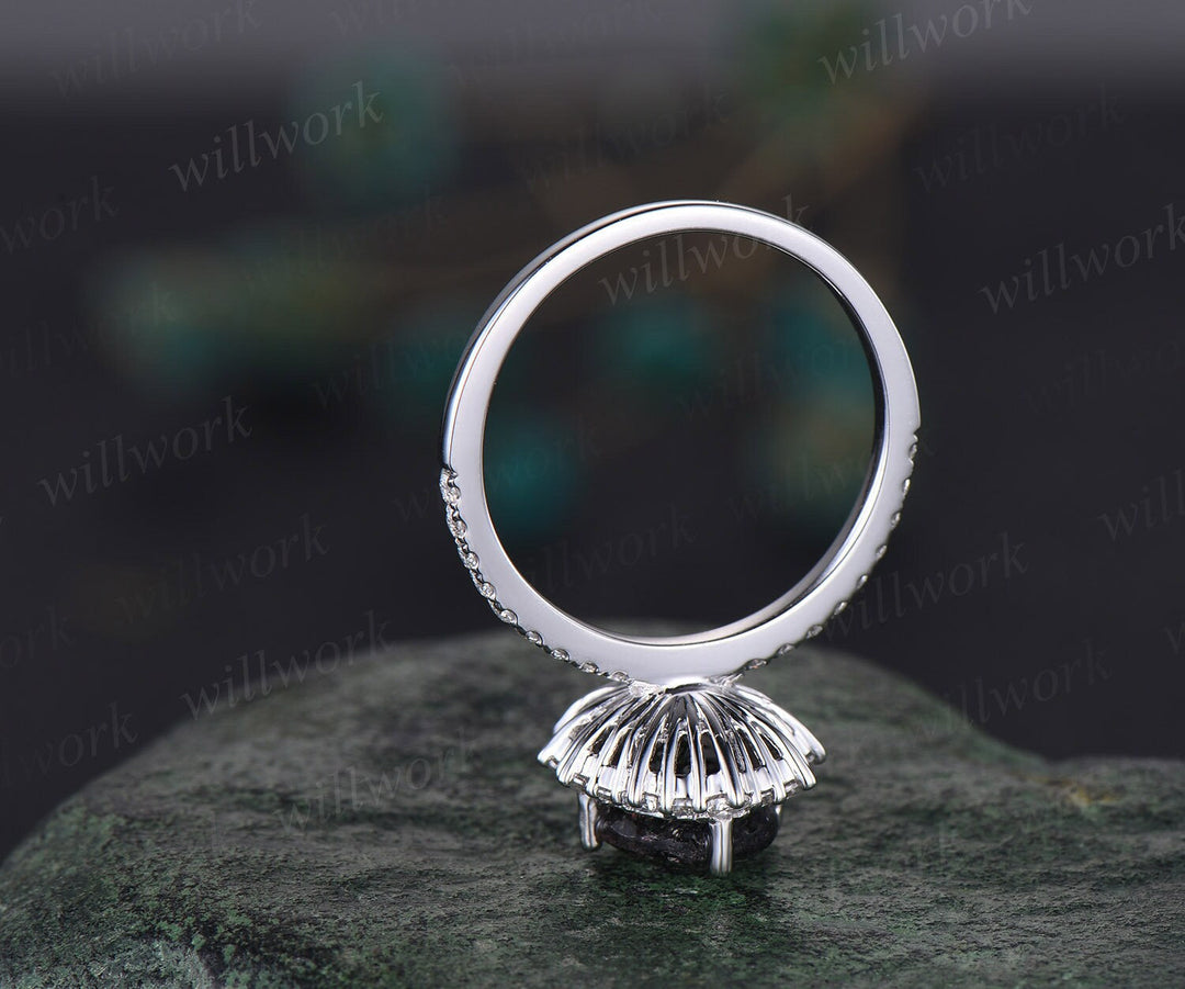 7x9mm oval cut black rutilated quartz ring solid 14k white gold engagement ring halo half eternity moissanite ring women anniversary gift