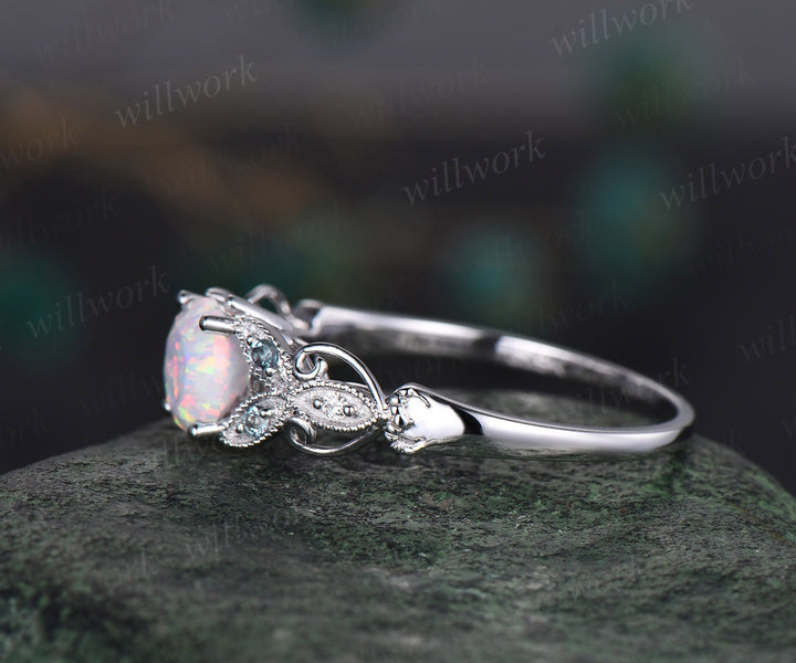 Round cut opal ring vintage white opal engagement ring solid 14k white butterfly alexandrite diamond ring unique anniversary ring women gift