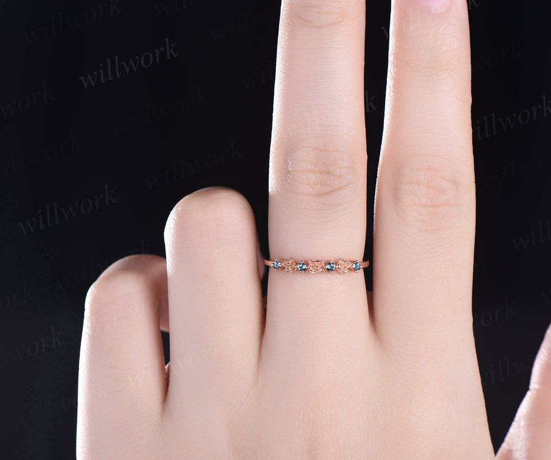 Dainty flower Alexandrite wedding band solid 14k rose gold stacking unique vintage wedding ring band for women anniversary ring gift