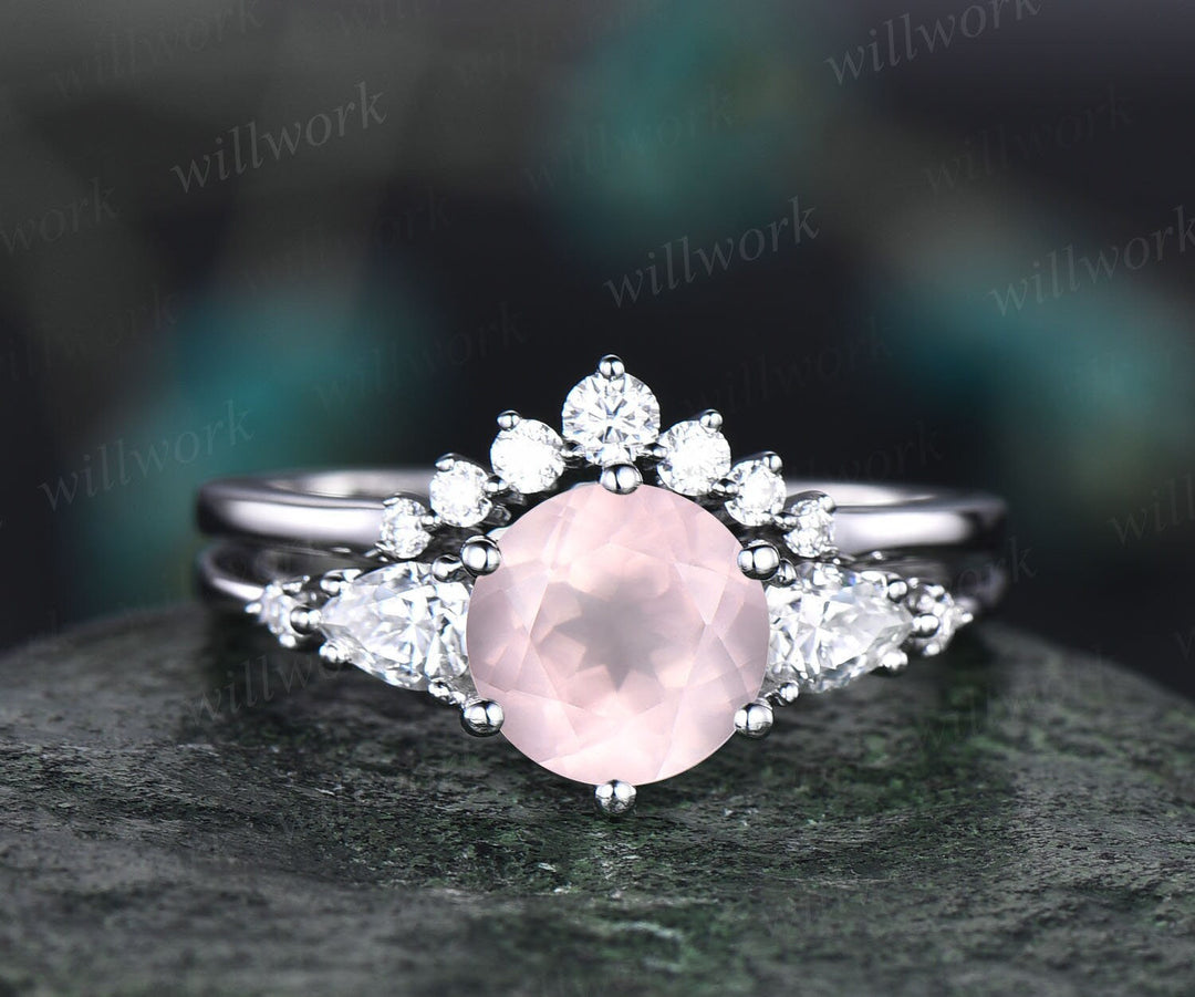 Unique rose quartz wedding ring set vintage rose quartz engagement ring set five stone rose gold ring set moissanite bridal ring set women
