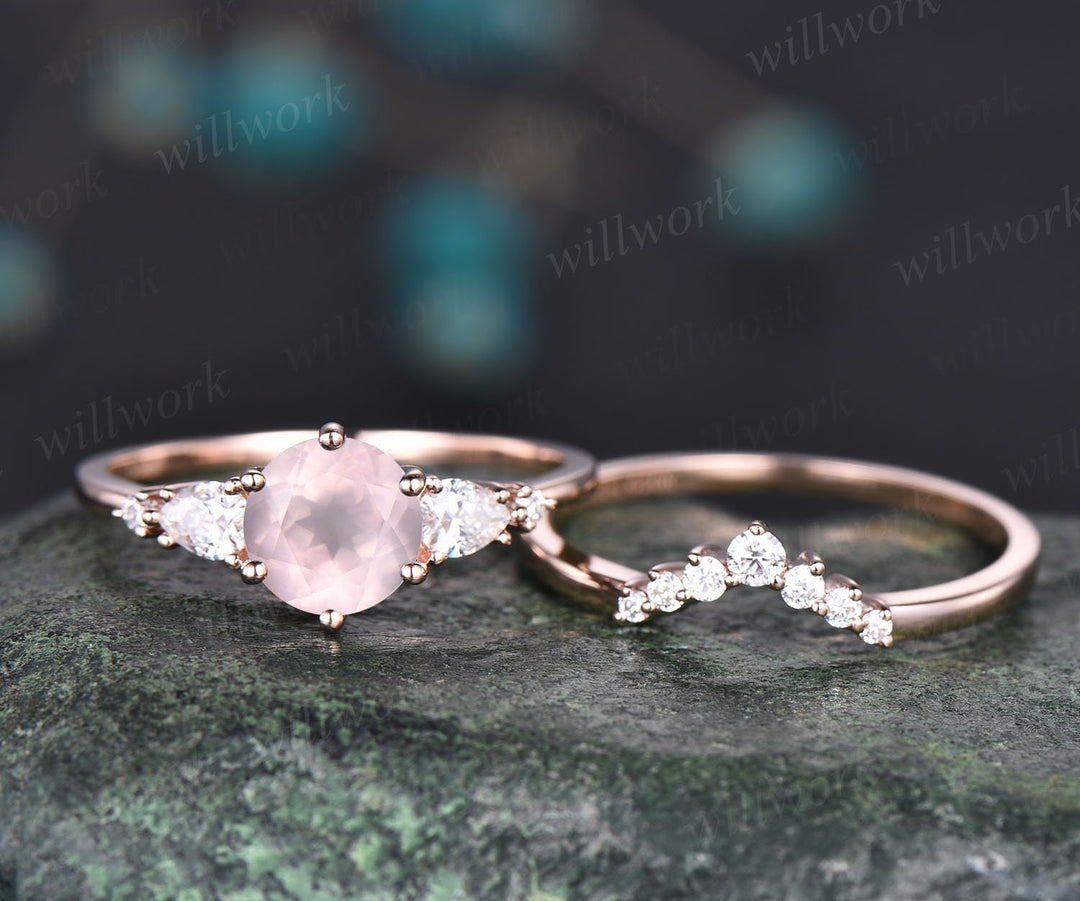 Unique rose quartz wedding ring set vintage rose quartz engagement ring set five stone rose gold ring set moissanite bridal ring set women
