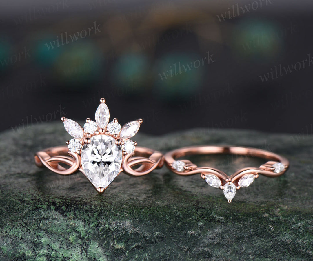 Vintage pear shaped moissanite engagement ring set art deco crown cluster rose gold ring women infinity diamond promise ring set her gift