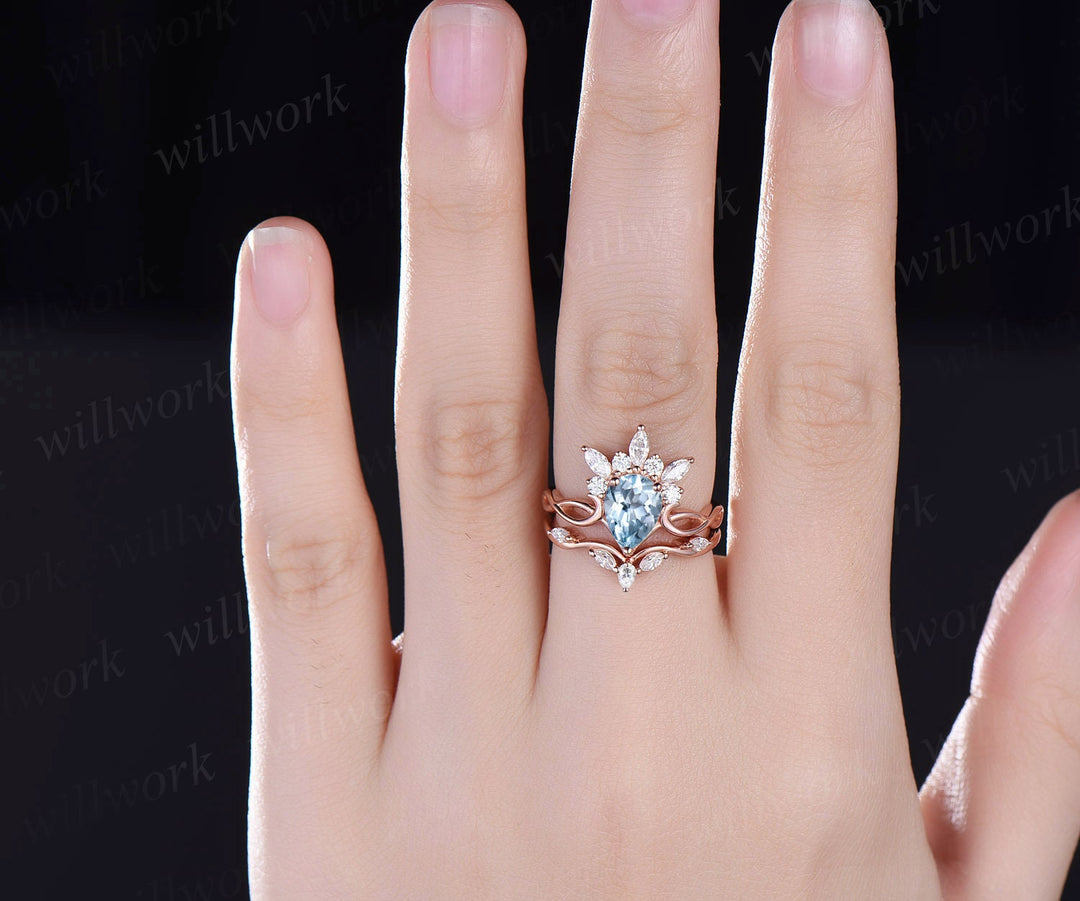 Vintage pear shaped Aquamarine engagement ring set art deco crown cluster rose gold ring women infinity diamond promise ring set her gift