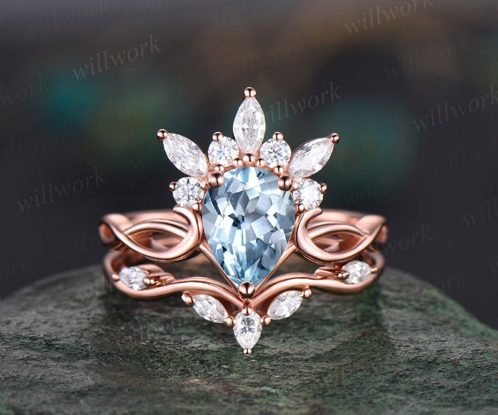 Vintage pear shaped Aquamarine engagement ring set art deco crown cluster rose gold ring women infinity diamond promise ring set her gift