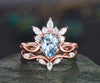 Vintage pear shaped Aquamarine engagement ring set art deco crown cluster rose gold ring women infinity diamond promise ring set her gift