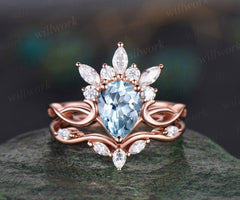 Vintage pear shaped Aquamarine engagement ring set art deco crown cluster rose gold ring women infinity diamond promise ring set her gift
