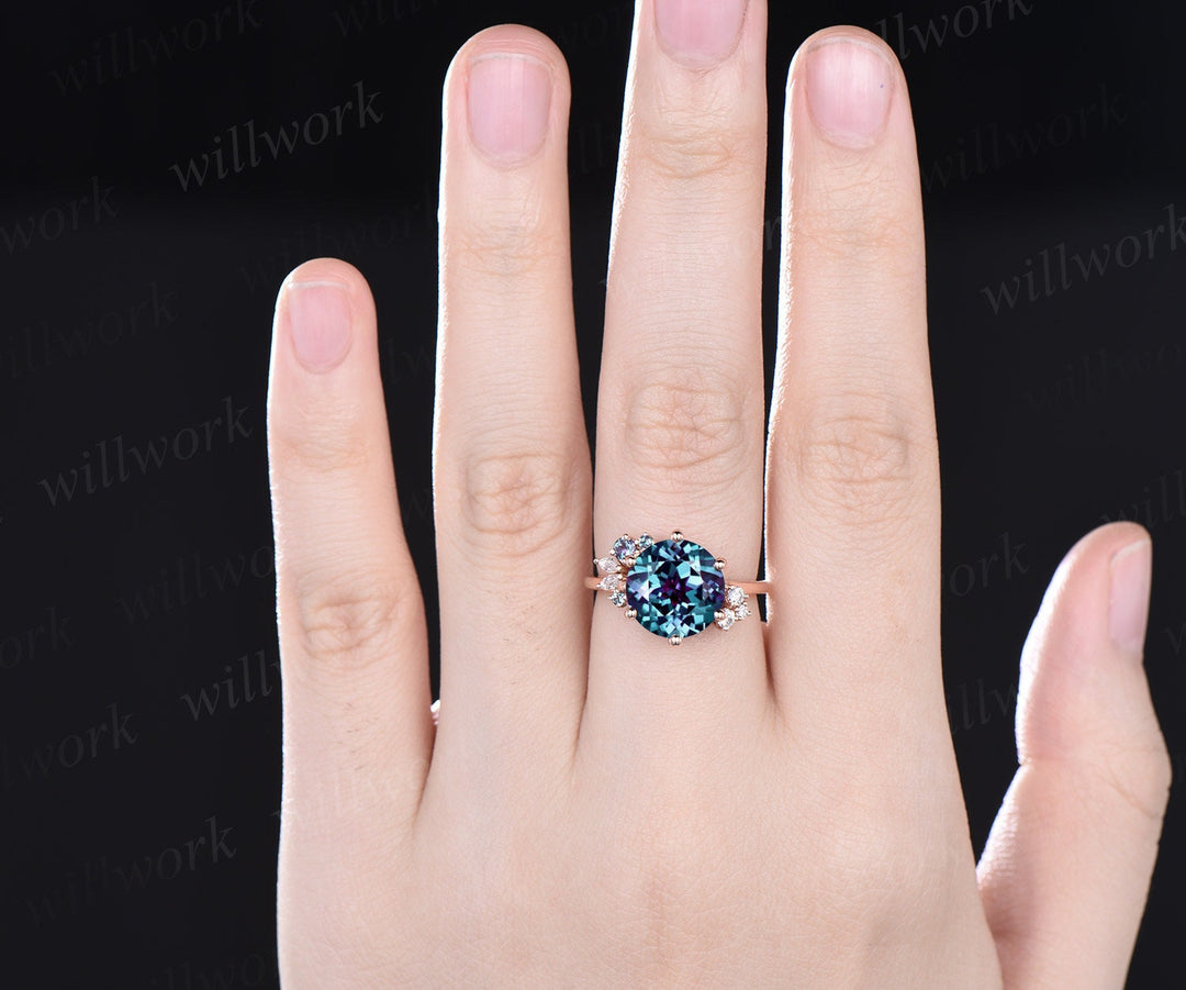 Round cut Alexandrite ring vintage cluster Alexandrite engagement ring rose gold 6 prong art deco diamond ring unique wedding ring for women