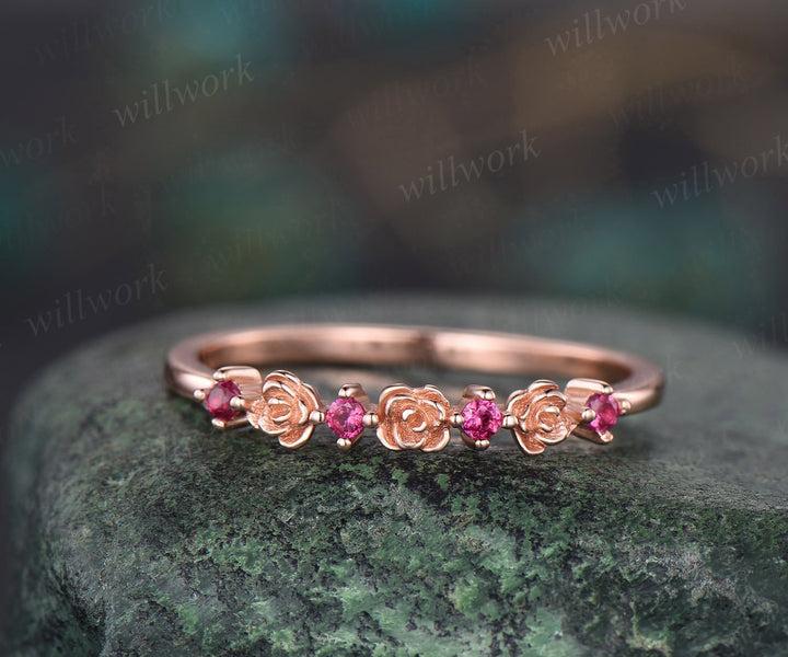 Dainty flower natural ruby wedding band solid 14k rose gold stacking unique vintage wedding ring band for women anniversary ring gift